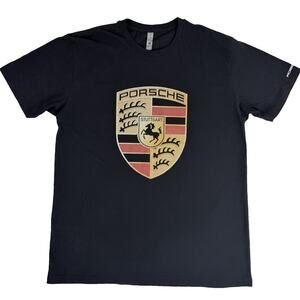 PORSCHE Stuttgart Crest Logo T-Shirt Large Black ROBERSON on Sleeve Tee EUC